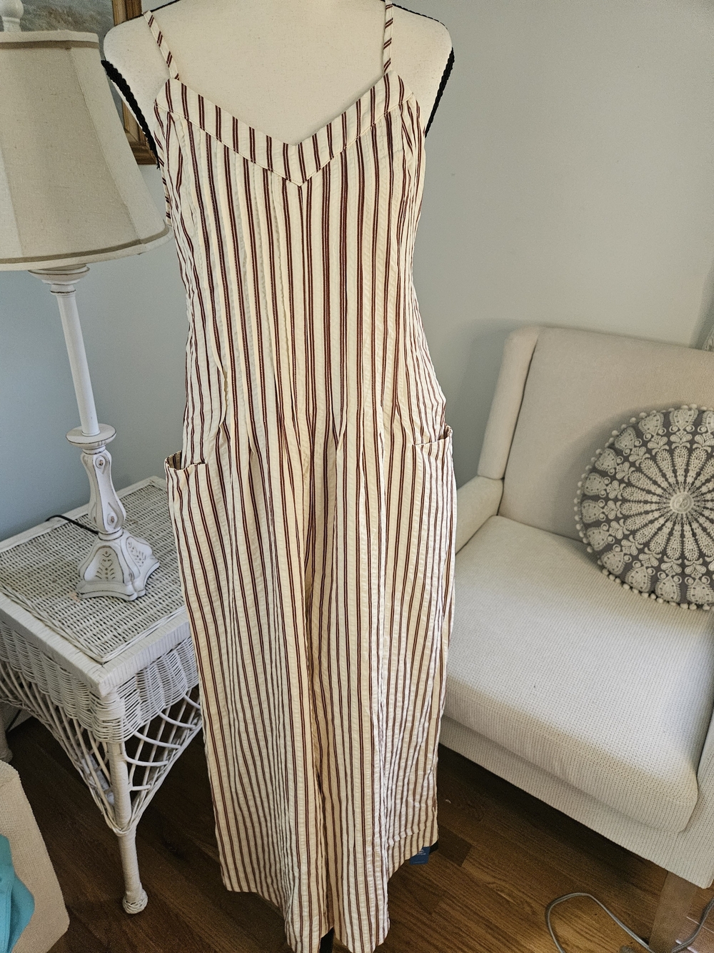 Striped Sleeveless Overalls with Pockets - Cream & Brown